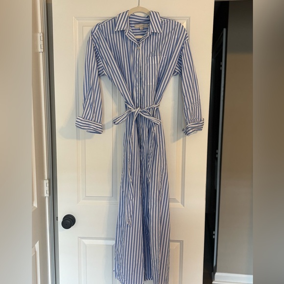 LOFT Light Blue Striped Poplin Belted Pocket Shirtdress - Picture 3 of 5